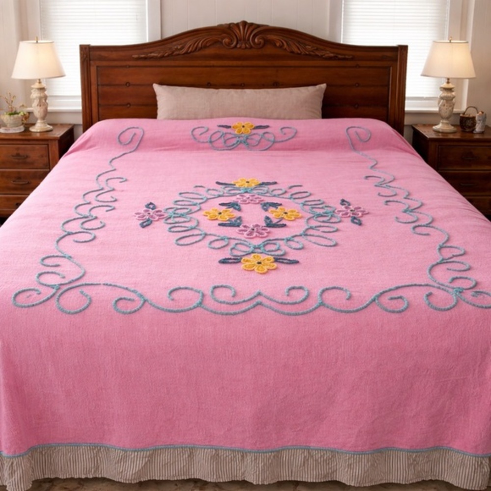 Vintage 1940 1950 Chenille Bedspread Embroidered Floral Cottagecore Shabby Chic